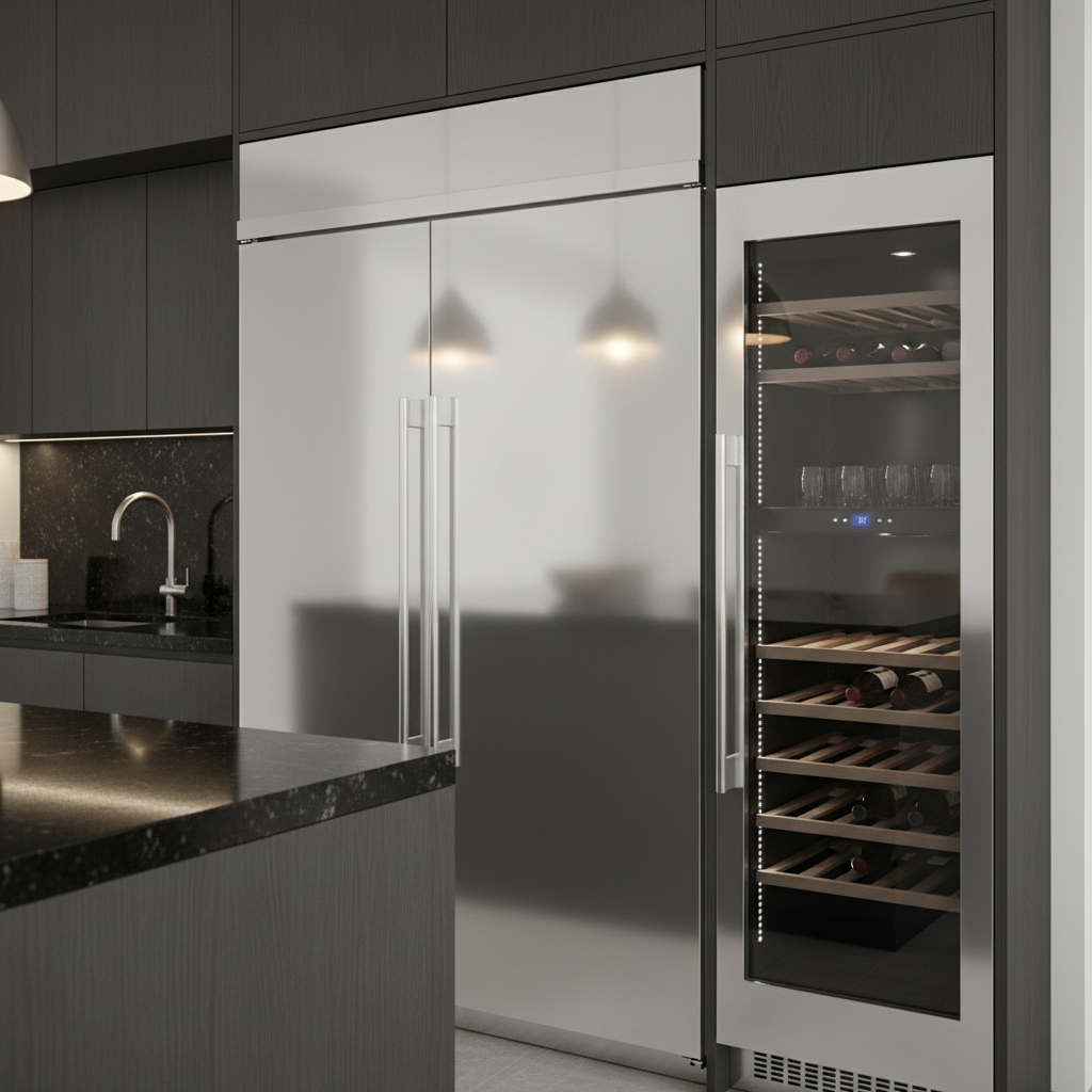 Modern high-end kitchen close-up with refrigerator and wine cooler