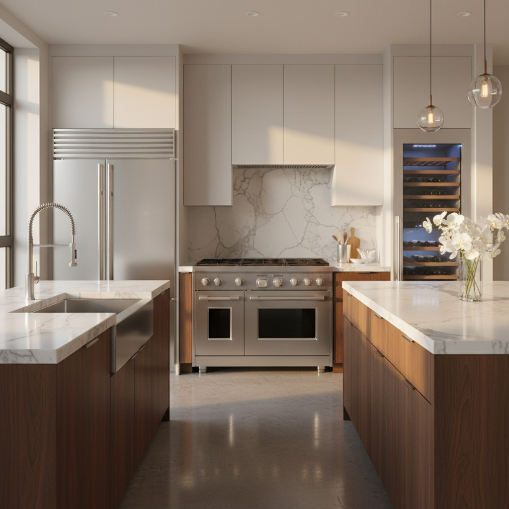 Luxury modern kitchen with KitchenAid style appliances