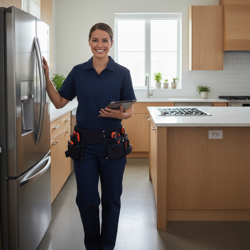 Smiling appliance repair technician in a modern bright kitchen