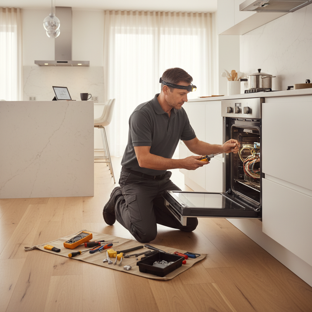 Appliance repair technician repairing a built-in oven